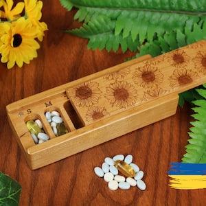 Pill Organizer 7 Day Cute Sunflower Design, Wooden Pill Box and Pill Case with Lacquer & Oil Finish by Paul Szewc of Masterpiece Laser