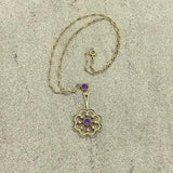 Edwardian 15ct Gold, Amethyst & Seed Pearl Drop Pendant Chain Necklace