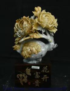 15.6" China Natural Xiu Jade Hand Carving Peony Flower Butterfly Pot Sculpture