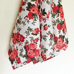 Roses linen 3 towels. Rectangle kitchen towel. Tea towel. Red-orange shaded roses print on one side linen (flax) towel with hanging loop