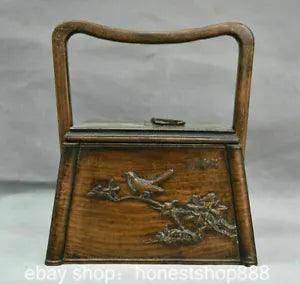 12" Old Chinese Huanghuali Wood Dynasty palace Peony Flower Bird Portable Box