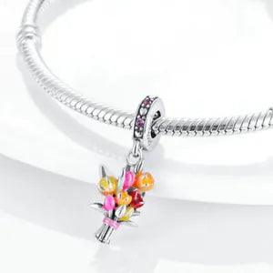 Carnation Flower Charm Roses Bouquet Gift Mum Bracelet Bead Sterling Silver 925