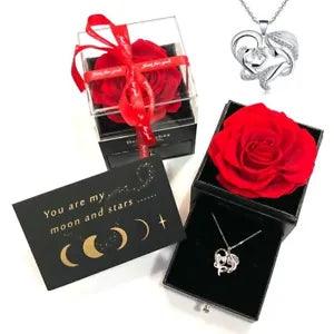 RED Preserved Rose In Gift Box With Sterling Silver Necklace - Mother's Day Gift