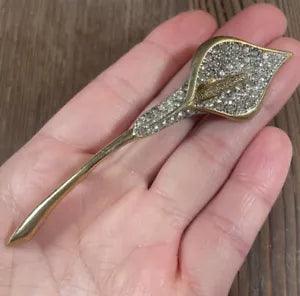 Calla Lily Brooch Pin Gold Tone Pave Crystal Rhinestones Gold Tone Large 3.75??? *
