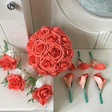Coral Rose Bouquet Fake Floral Wedding Bouquet Package Coral Calla Lily Boutonniere Fake Flower Bouquet For Bridal Bridesmaid DJ-79