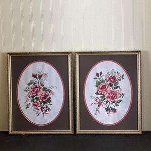 2 Vintage Pink Rose Design Matted & Framed Cross Stitches