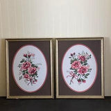 2 Vintage Pink Rose Design Matted & Framed Cross Stitches