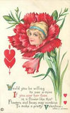Stecher Embossed Valentine's Day Postcard 93 F Girl's Face in Flower Carnation