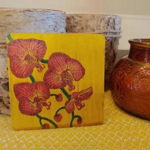Pink orchid painting - combination wood burning and watercolor - original small floral art decor - 4" x 4"