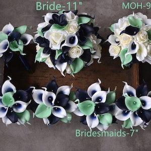 Faux Seafoam Mint Wedding Bouquets, Navy Mint Bridesmaids Bouquets, Beach Tropical Bridal Bouquet, Real Touch Faux Flowers