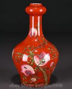 9'' Qing Yongzheng Famille Rose Porcelain Peony Pomegranate Flower Bottle Vase