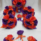 Wedding  Silk Flower Bridal Bouquets Your Colors 18 pcs Package  Purple Orange Roses  Toss Bridesmaids  Boutonniere Corsages New