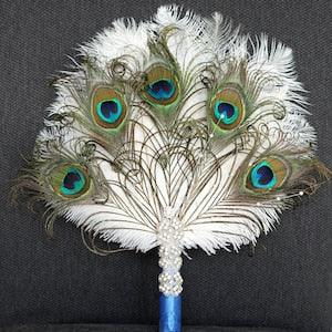 Ostrich Peacock Feather Fan Bridal Fan Bouquet Ivory Great Gatsby 1902s art deco wedding bouquet fan, Peacock Fan, Bridesmaid Fan Gift