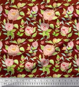 Soimoi Red Velvet Fabric Leaves & Peony Floral Printed Craft Fabric-I5l