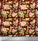 Soimoi Red Velvet Fabric Leaves & Peony Floral Printed Craft Fabric-I5l