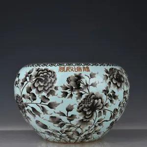 13" China old dynasty Porcelain guangxu mark Ink color peony flowers plants pot