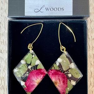 Real red rose bouquet large dangle statement earrings, anniversary gift for her, gift of love, earthy girl, cottage core, nature inspired