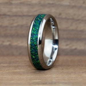 Emerald Green Opal Tungsten Ring | Opal Wedding Band | Custom Opal Jewelry | Opal Ring For Her | Promise Ring | Anniversary Gift | Comfort