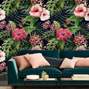 Blooming Orchid Wallpaper, Dark Floral Tropical Wallpaper, Hibiscus Flower Wall Art, Botanical Wall Mural Peel and Stick Wallpaper Black #21