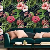 Blooming Orchid Wallpaper, Dark Floral Tropical Wallpaper, Hibiscus Flower Wall Art, Botanical Wall Mural Peel and Stick Wallpaper Black #21