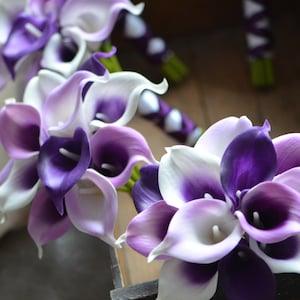 Purple Bridesmaids bouquets, Plum Calla Lily Bridesmaids Bouquets, Real Touch PU Calla Lilies