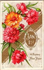 Happy New Year, Flowers Carnations Embossed c1910s Vintage Postcard N70
