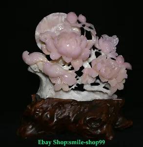 14.5" China Fine Natural Pink Xiu Jade Fengshui Peony Flower Bird Animal Statue