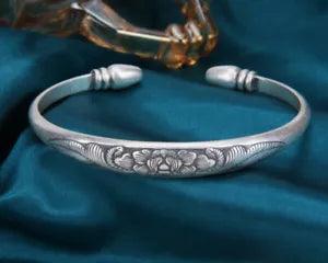 B37 Bangle With Peony Bloom 999 Fine Silver