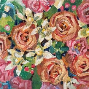 Wedding bouquet Original oil painting orange rose art 8 by 11" Floral oil painting bouquet painting orchid painting