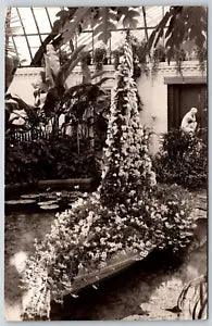 Pittsburg PA Conservatory Interior Pond Lily Pads Flowers Statue RPPC Postcard