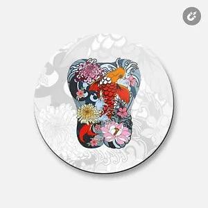 Hand Drawn Koi Fish With Peony Flower Animal | 4'' X 4'' Round Decorative Magnet