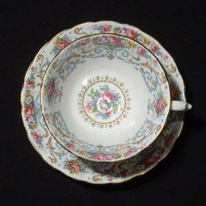 Plant TUSCAN Orleans Teacup and Saucer Tea Cup floral bouquet multicolor Bone China England scroll turquoise LOSS of GOLD