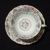 Plant TUSCAN Orleans Teacup and Saucer Tea Cup floral bouquet multicolor Bone China England scroll turquoise LOSS of GOLD