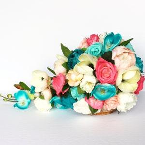 Cascading Wedding Bouquet , Teal and Coral Wedding Bouquet , Tropical Bouquet , Roses , Peonies , Magnolias
