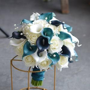 Navy Teal Blue Bridal Bouquet, Real Touch Calla Lilies, Ivory Roses, Pearl Sprays, Teal Wedding Bouquet