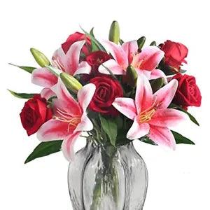 New Listing 11pcs Artificial Flowers Red Fake Roses and Pink Tiger Lily Fake Xmas Flowers