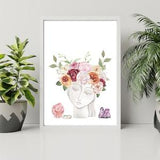 Flower Crown with Crystals, Watercolor Rose Bouquet, Printable Wall Art, Face Vase, Amethyst, Botanical Art, Modern Decor, Boho, Greek