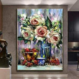 Abstract Still Life Oil Painting Original Still life With Roses and Berries on a Table Painting Bouquet of White Roses in Vase Painting