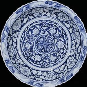 17.7" Old yuan dynasty Porcelain Blue white interlock branch peony flowers plate