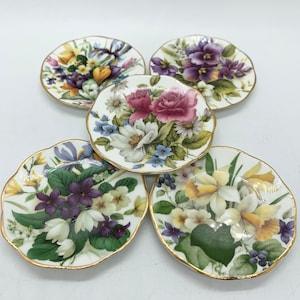 Five English Bone China Miniature Plates - Floral Bouquets - Wall Decor - Shelf Decor