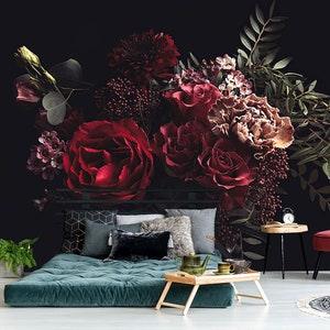 Red flowers wall mural, self adhesive dark floral wallpaper, peel and stick wall mural, temporary removable wallpaper, peony home decor