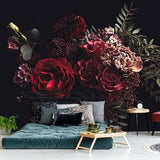 Red flowers wall mural, self adhesive dark floral wallpaper, peel and stick wall mural, temporary removable wallpaper, peony home decor