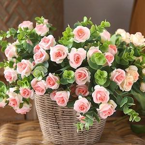 Small Rose Bouquet with Foliage, Artificial Rosa and Eucalyptus Bundle, Rustic Flower Decor, Living Room Floral Ornament, Table Centerpiece