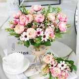 Artificial Flowers Peony Bouquet with Bright Leaves on Hotel Restaurant...