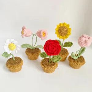 Handmade Crochet Artificial Flowers Potted Planting Home Decor Girls Women Gift
