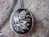 HAND PAINTED LILY OF THE VALLEY ANTIQUED SILVER PLATED LOCKET  - FLORAL, UNIQUE