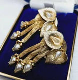 Large Lovely Clip Earrings Calla Lily Pearl Mesh Drops Well Made Bridal Prom