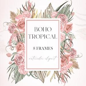 Boho FRAMES Tropical Watercolor Flowers. Rust  Beige fall FLOWERS. Orchid Flowers Dry Palm Leaves Watercolor clipart.