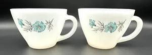 2 Vintage Fire King Oven Ware Bonnie Blue Carnation Flower Coffee Tea Cups