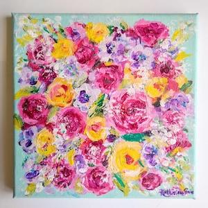 Impressionist Rose Bouquet Original Painting//Acrylic Floral Painting//8 by 8 Inch Home Decor